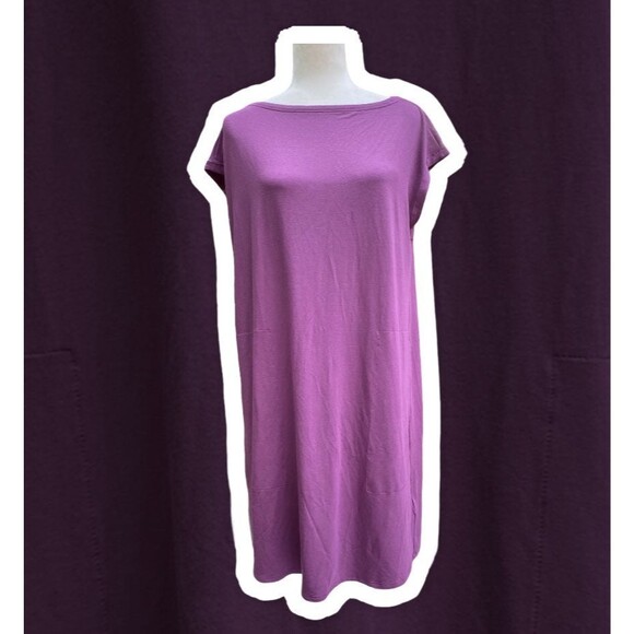 Eileen Fisher Twist Back Bateau Neck Purple Jersey Tunic Shift Midi Dress Sz M - Picture 2 of 11